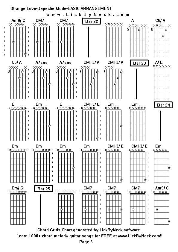 Chord Grids Chart of chord melody fingerstyle guitar song-Strange Love-Depeche Mode-BASIC ARRANGEMENT,generated by LickByNeck software.